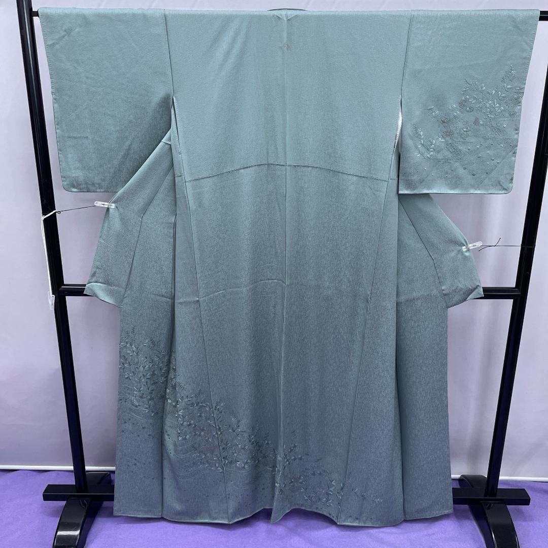 ★4074★ 訪問着 灰緑色 刺繍柄 袷 紋入り