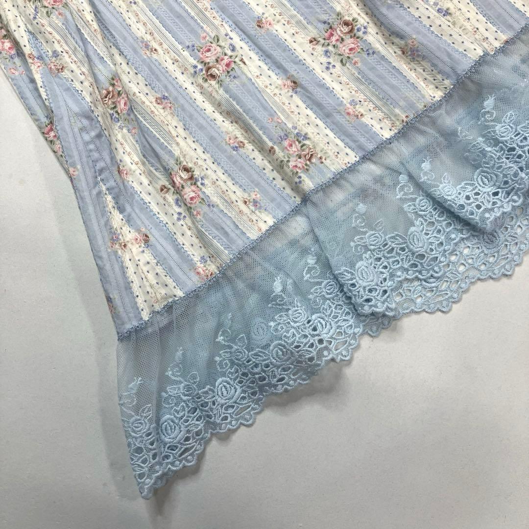 【美品】ピンクハウス 水色 バラストライプ柄 バラレース使い チュニック