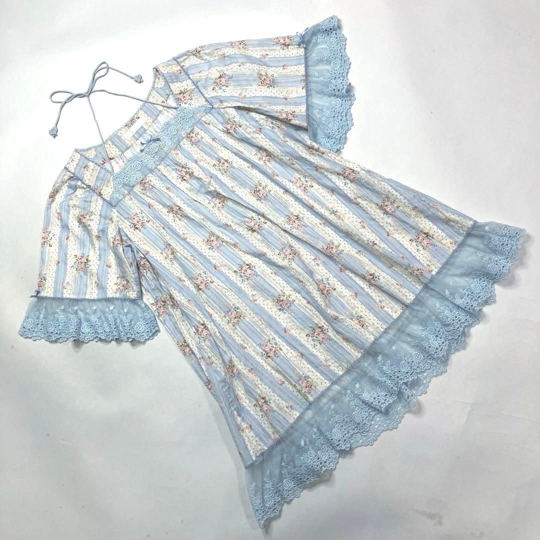 【美品】ピンクハウス 水色 バラストライプ柄 バラレース使い チュニック