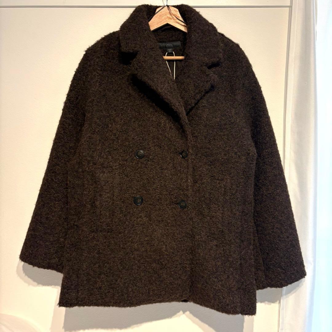 【完売品】ZARA ブークレダブルブレストミディ丈コート Mサイズ　新品タグつき
