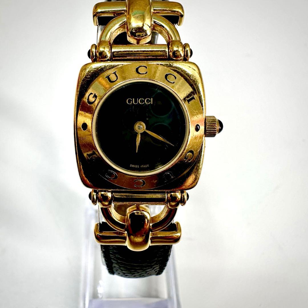 GUCCI★グッチ 時計 ホースビット腕時計 レディースゴールド 黒レザーベルト