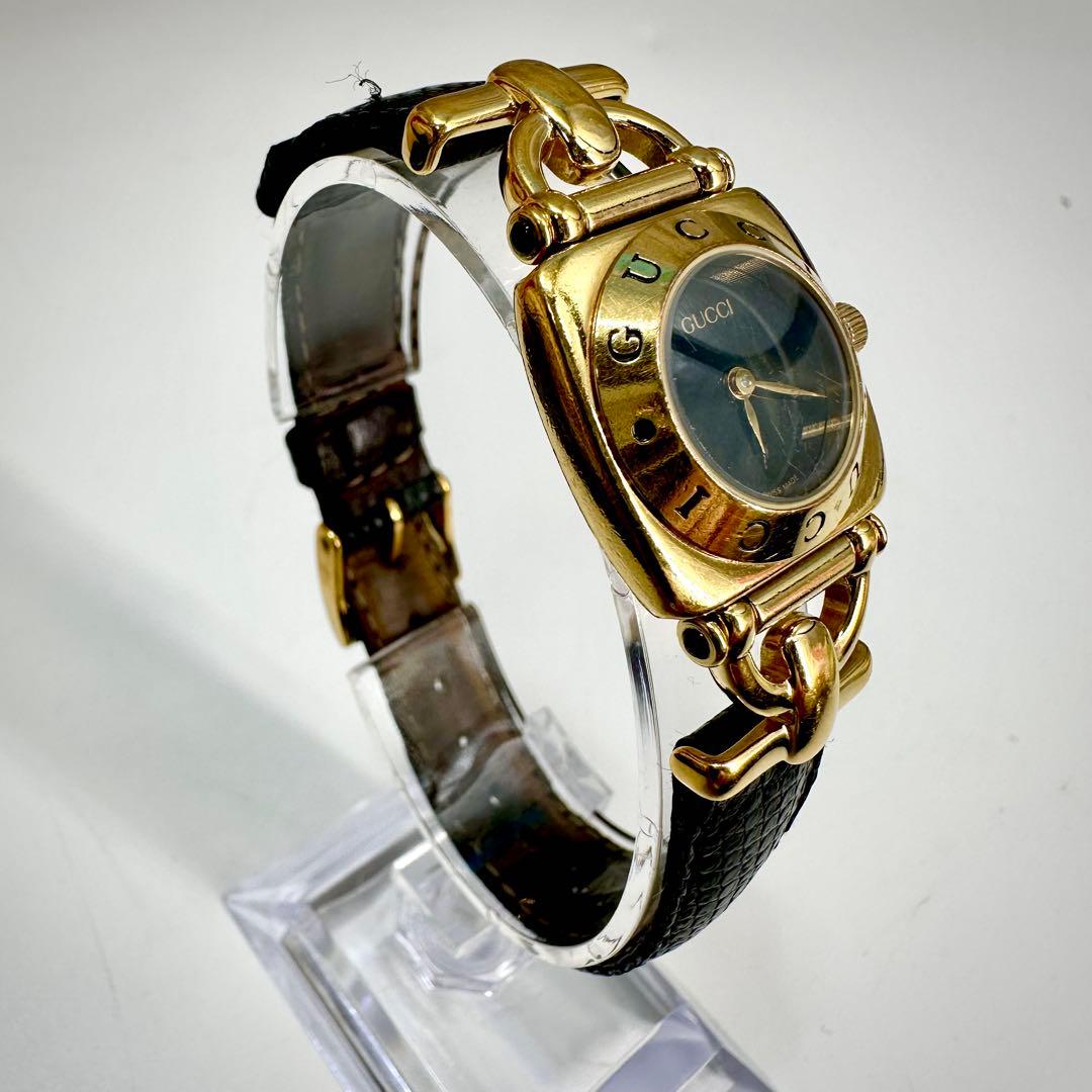 GUCCI★グッチ 時計 ホースビット腕時計 レディースゴールド 黒レザーベルト