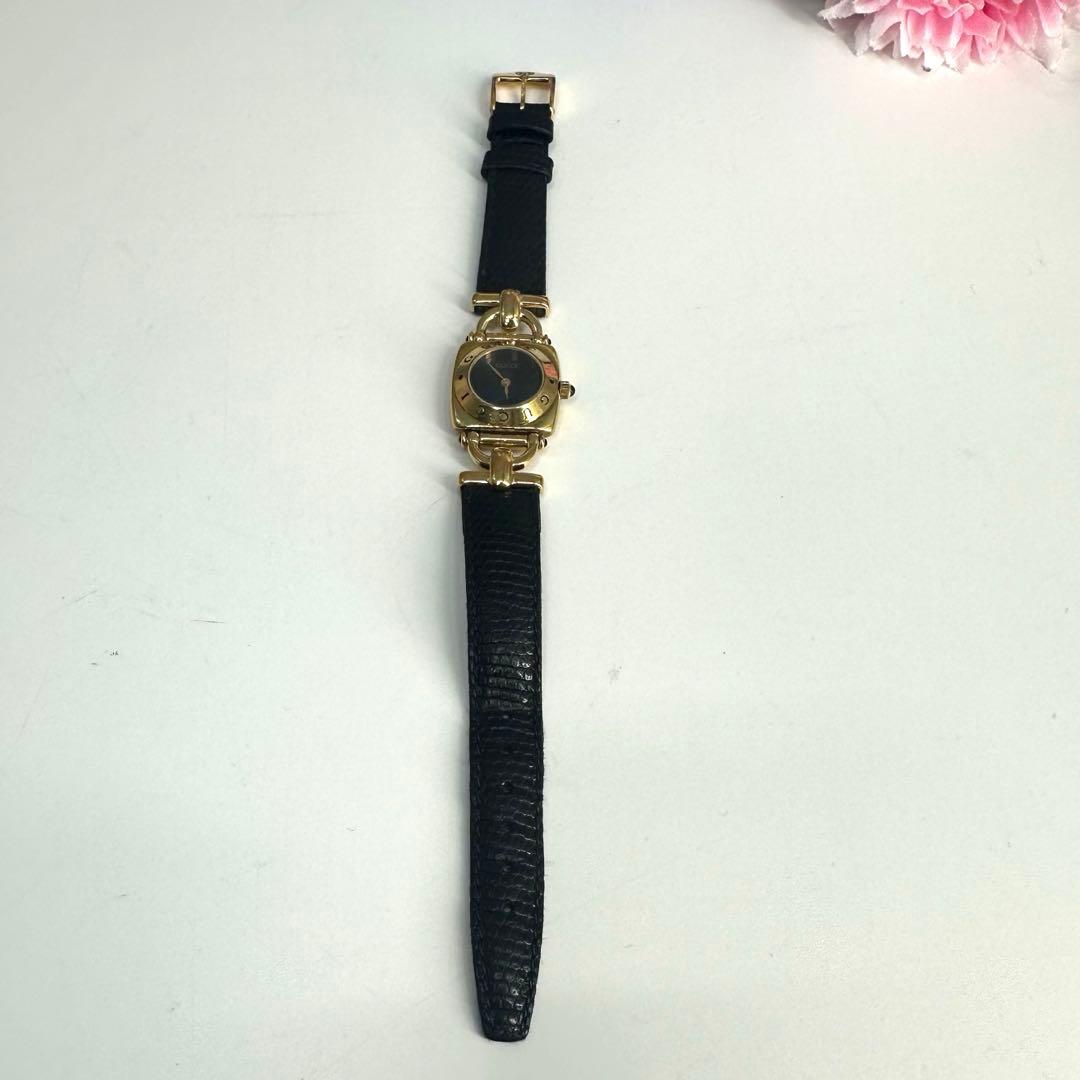 GUCCI★グッチ 時計 ホースビット腕時計 レディースゴールド 黒レザーベルト