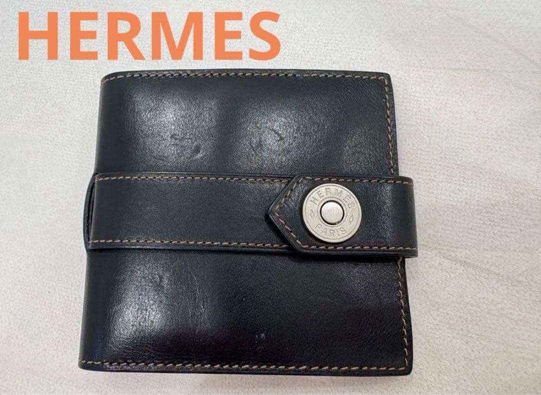 HERMES 黒 レザー 二つ折り財布