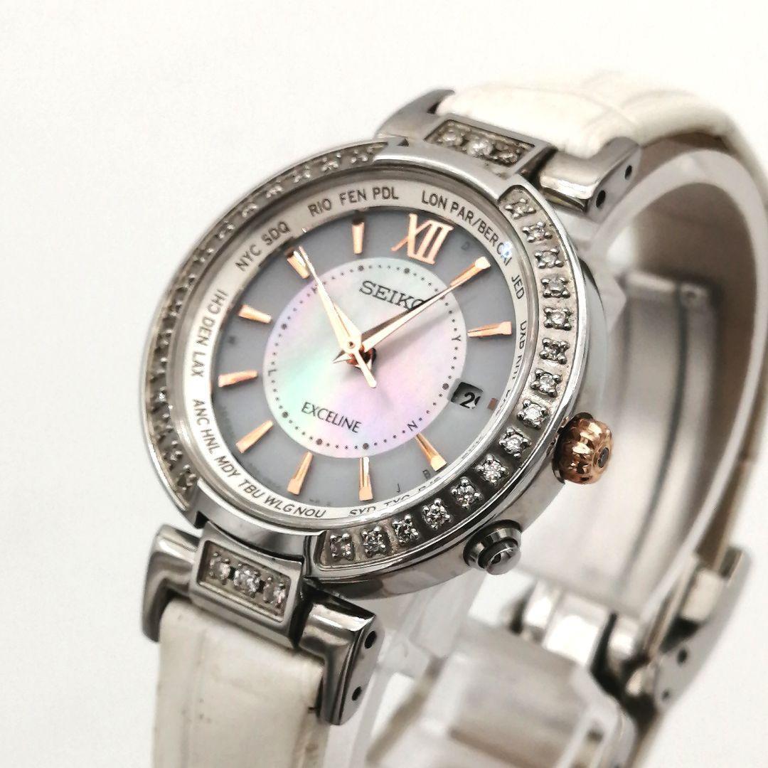 稼働✨ SEIKO　エクセリーヌ　ダイヤベゼル　シェル　腕時計　付属品　ソーラー