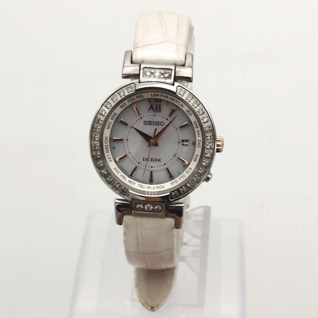 稼働✨ SEIKO　エクセリーヌ　ダイヤベゼル　シェル　腕時計　付属品　ソーラー