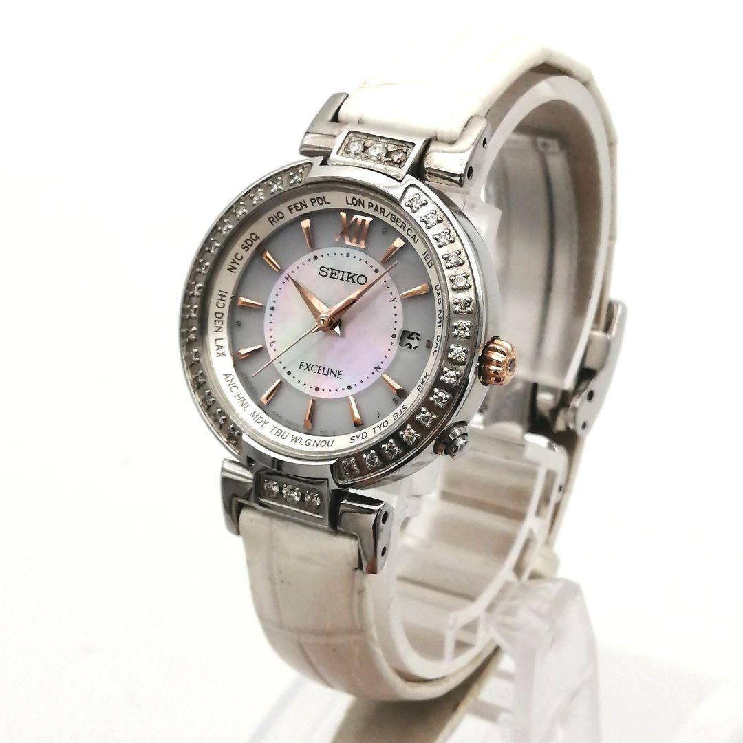 稼働✨ SEIKO　エクセリーヌ　ダイヤベゼル　シェル　腕時計　付属品　ソーラー