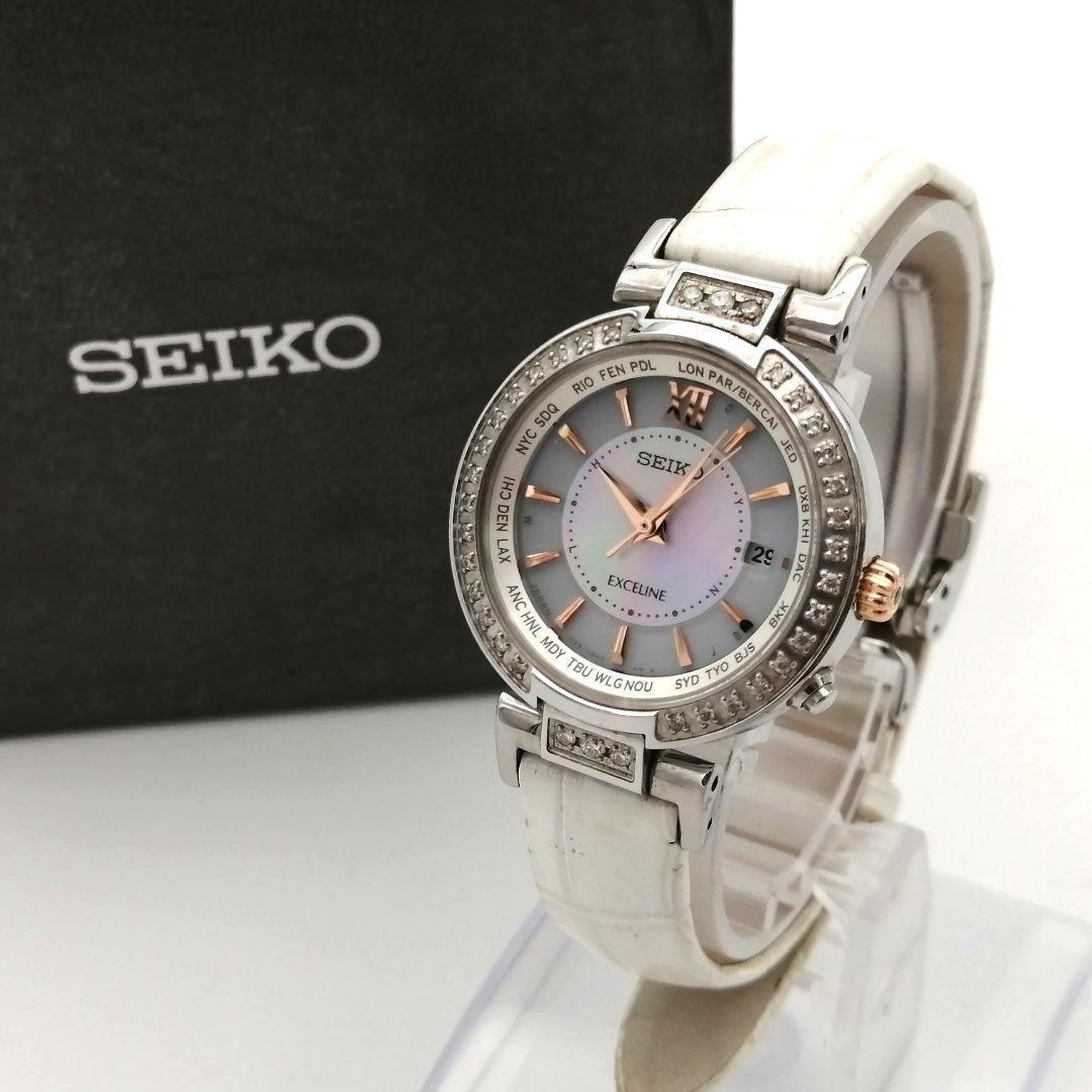 稼働✨ SEIKO　エクセリーヌ　ダイヤベゼル　シェル　腕時計　付属品　ソーラー
