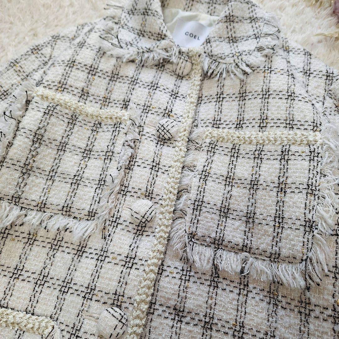 コエル　ツィードジャケット　ラメ入りチェック　ホワイト系　サイズ36　ヨンア