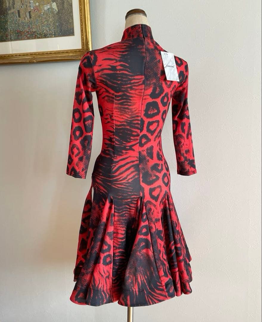 お値下げ【社交ダンス用ドレス】赤黒ヒョウ柄*デモ*レッスン★ラテン★Mサイズ
