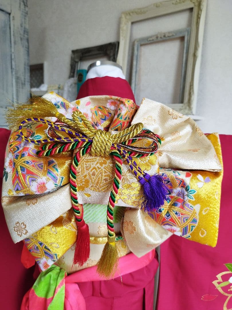正絹☆誂え品☆濃い赤ピンクの着物と金の作り帯フルセット☆七五三７歳