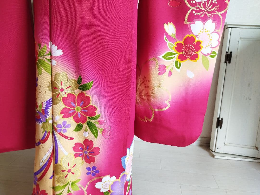 正絹☆誂え品☆濃い赤ピンクの着物と金の作り帯フルセット☆七五三７歳