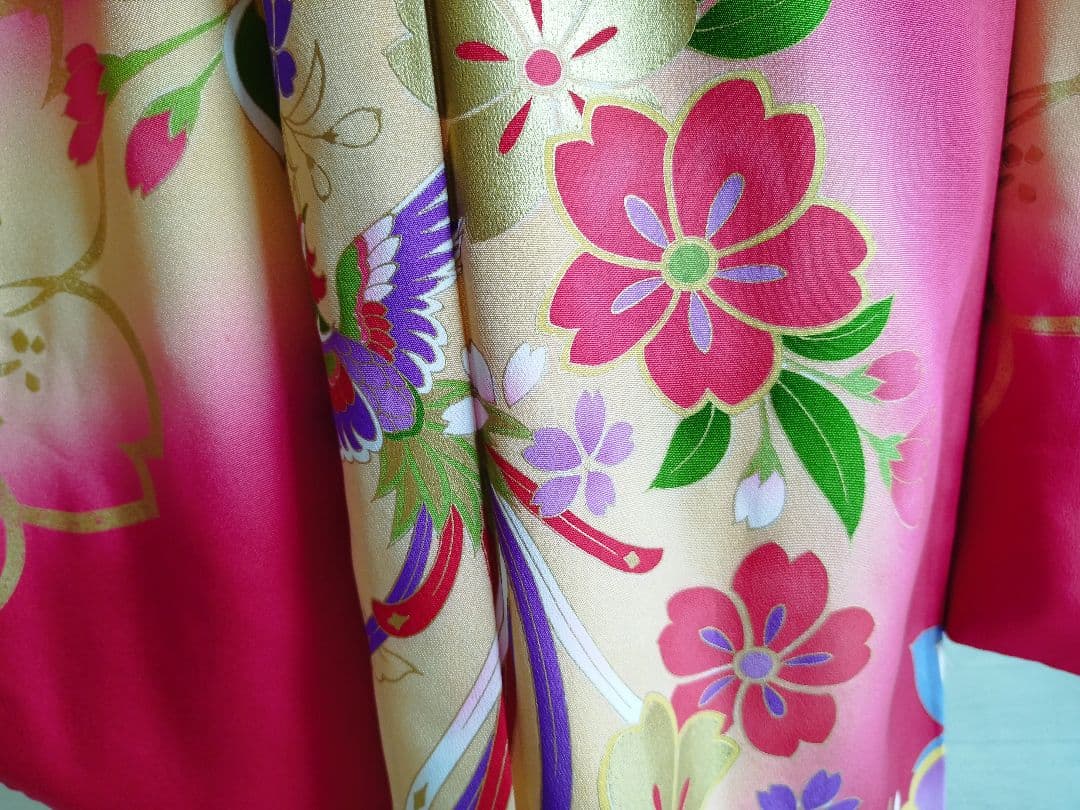 正絹☆誂え品☆濃い赤ピンクの着物と金の作り帯フルセット☆七五三７歳