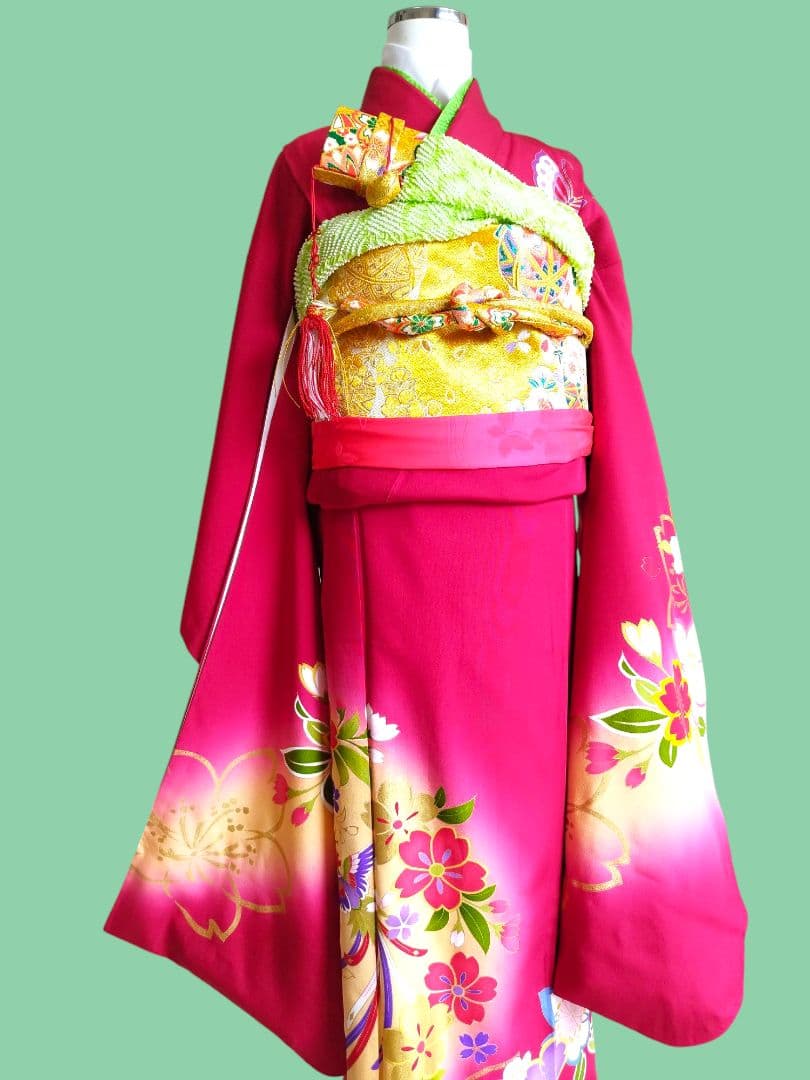 正絹☆誂え品☆濃い赤ピンクの着物と金の作り帯フルセット☆七五三７歳