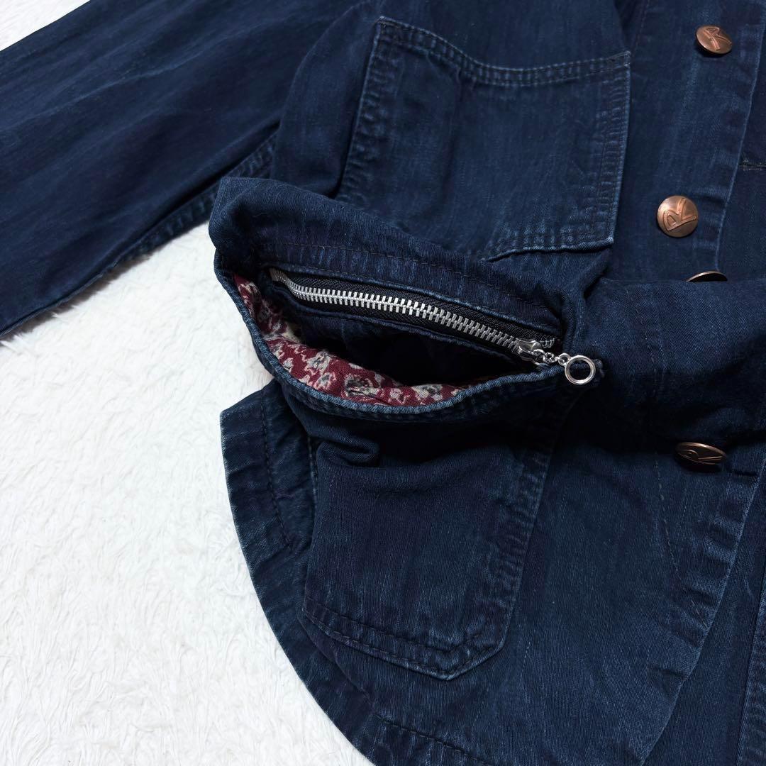 【美品】45R インディゴ染め デニム ジャケット ロゴボタン 柄裏ポケット