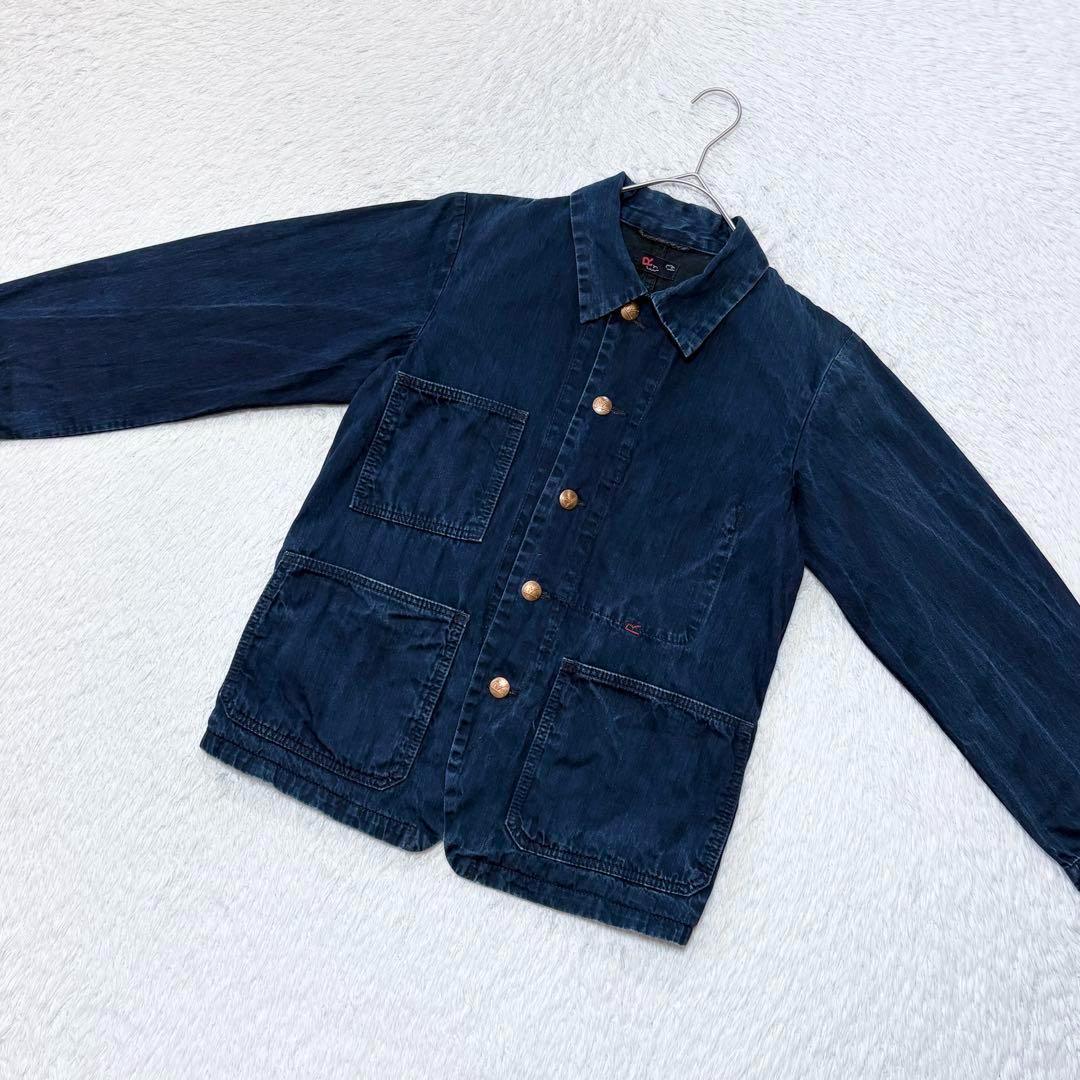 【美品】45R インディゴ染め デニム ジャケット ロゴボタン 柄裏ポケット