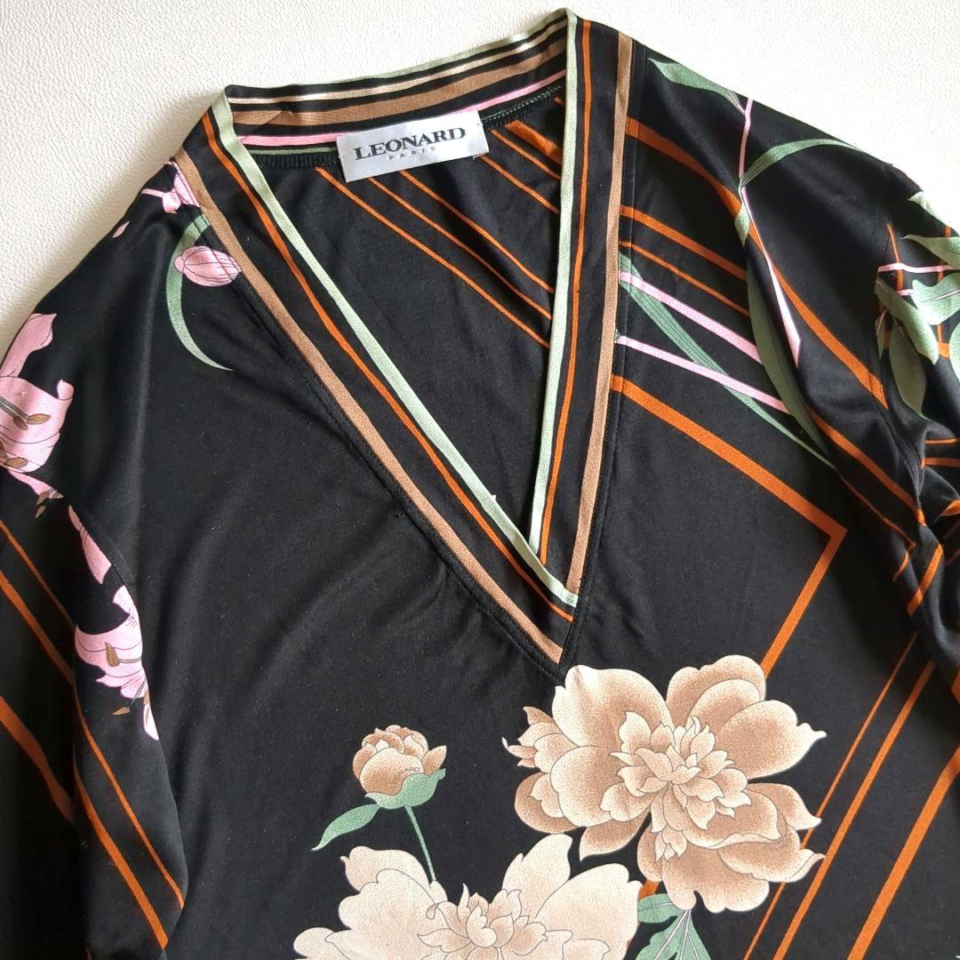 レオナール 長袖カットソー シルク100% 花柄 総柄 Vネック レイヤード