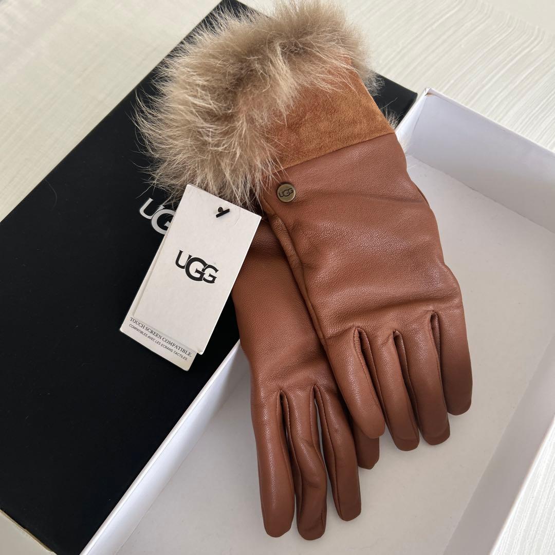 UGG 【新品未使用品】Wレザースエードファー付きスマホ対応手袋M ブラウン