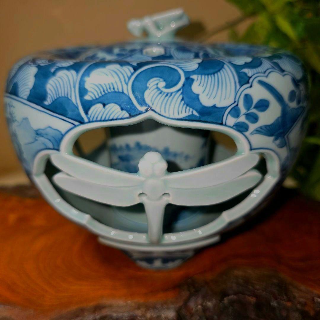 青雲窯 有田焼 染付祥瑞 山水風景図 青雲 茶道具 透かし彫り蜻蛉 三つ足香炉