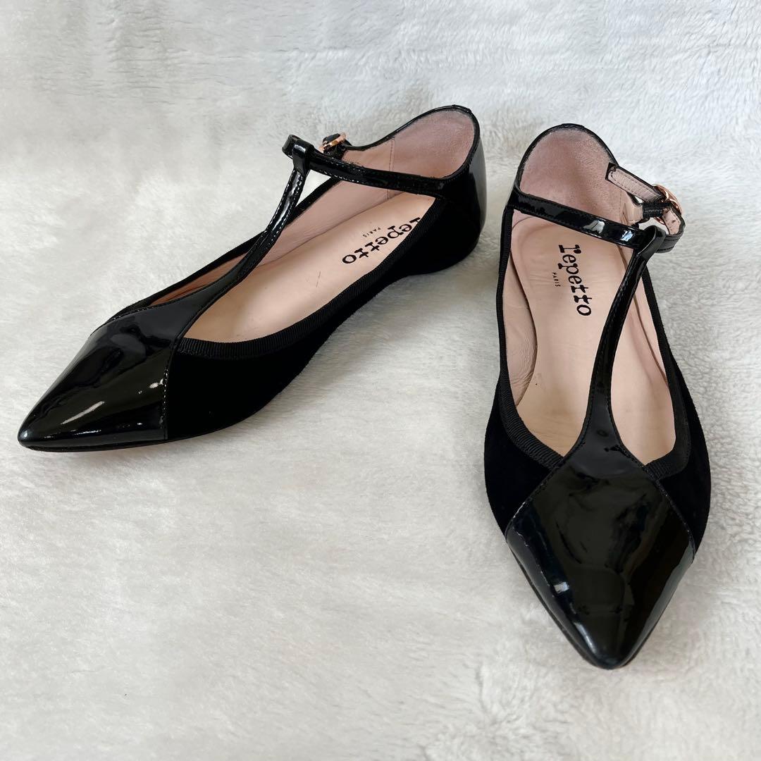 美品☆レペット 37 フラットパンプス Tストラップ エナメル スエード 黒