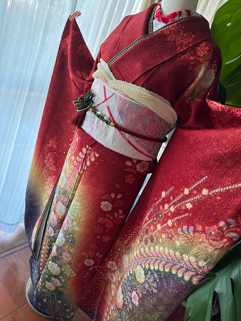 てな 振袖フルセット 赤×金通し 辻ヶ花 絞り ぼかし染めIK