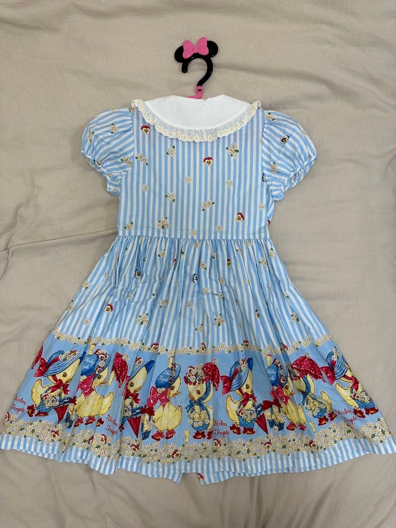 水色ストライプキャラクター柄ワンピース