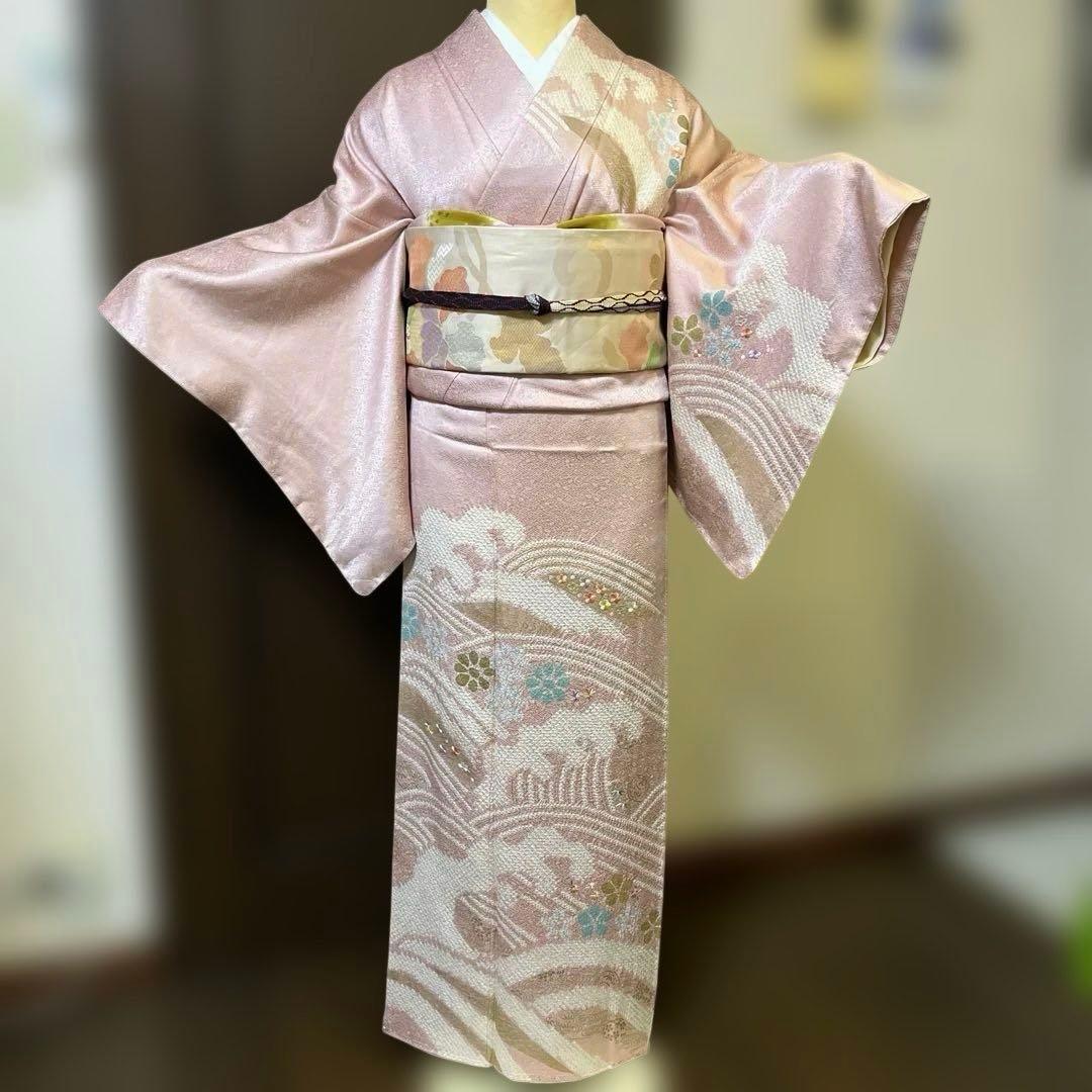 訪問着　絞り　刺繍　しつけあり　身丈165裄66