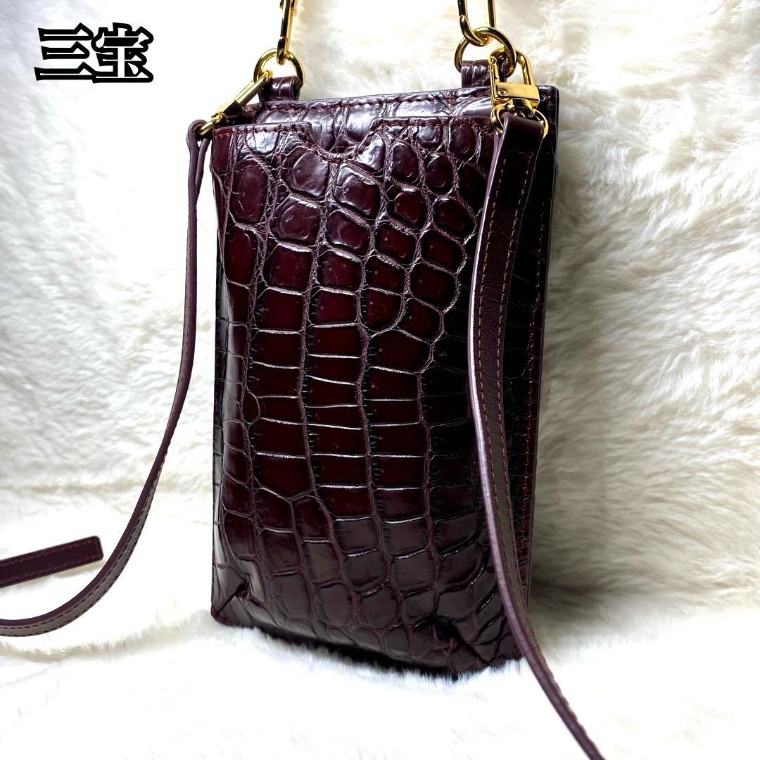 ✨美品✨三宝　スマホショルダー　ハンドバッグ　財布　マットクロコ　ワインレッド