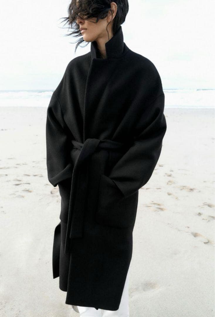 【新品】ZARA ザラ MANTECO 黒 ガウンベルトロングコート ブラック