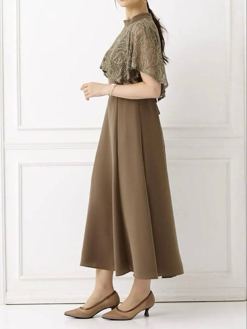 【AIMER】レースケープ風スリーブフィット＆フレアドレス/カーキ/Mサイズ