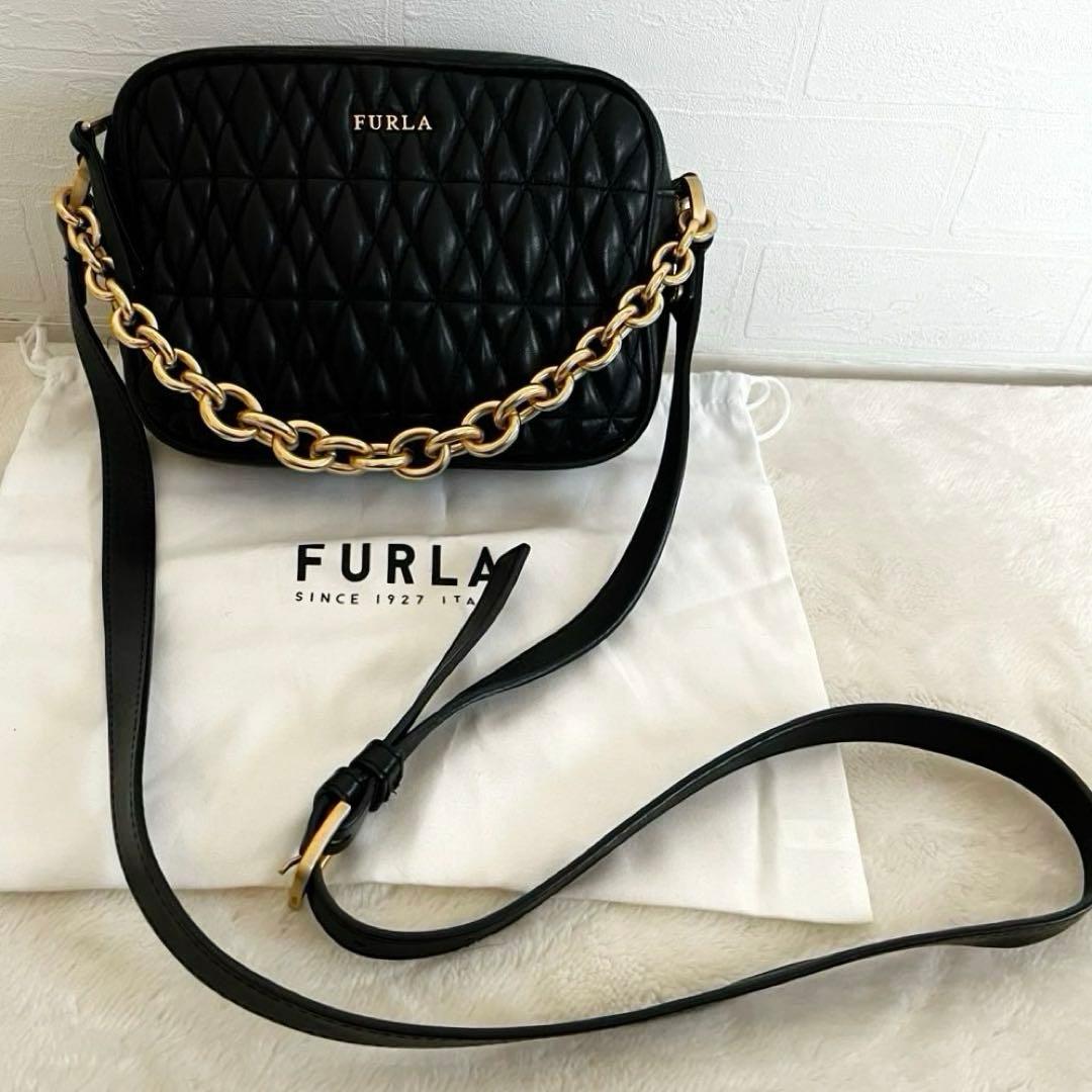 美品 FURLA レザー ショルダーバッグ 2way コメタ キルティング 黒