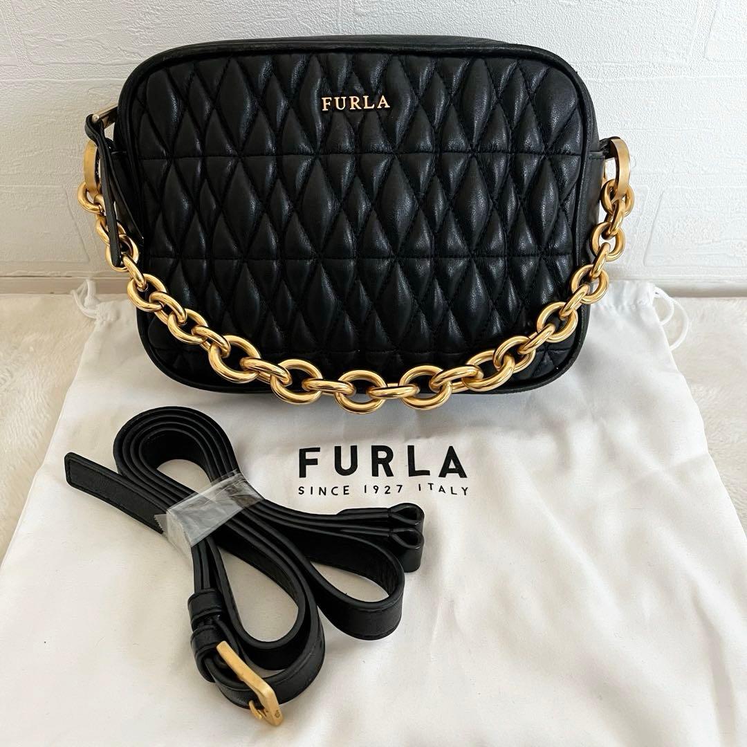 美品 FURLA レザー ショルダーバッグ 2way コメタ キルティング 黒