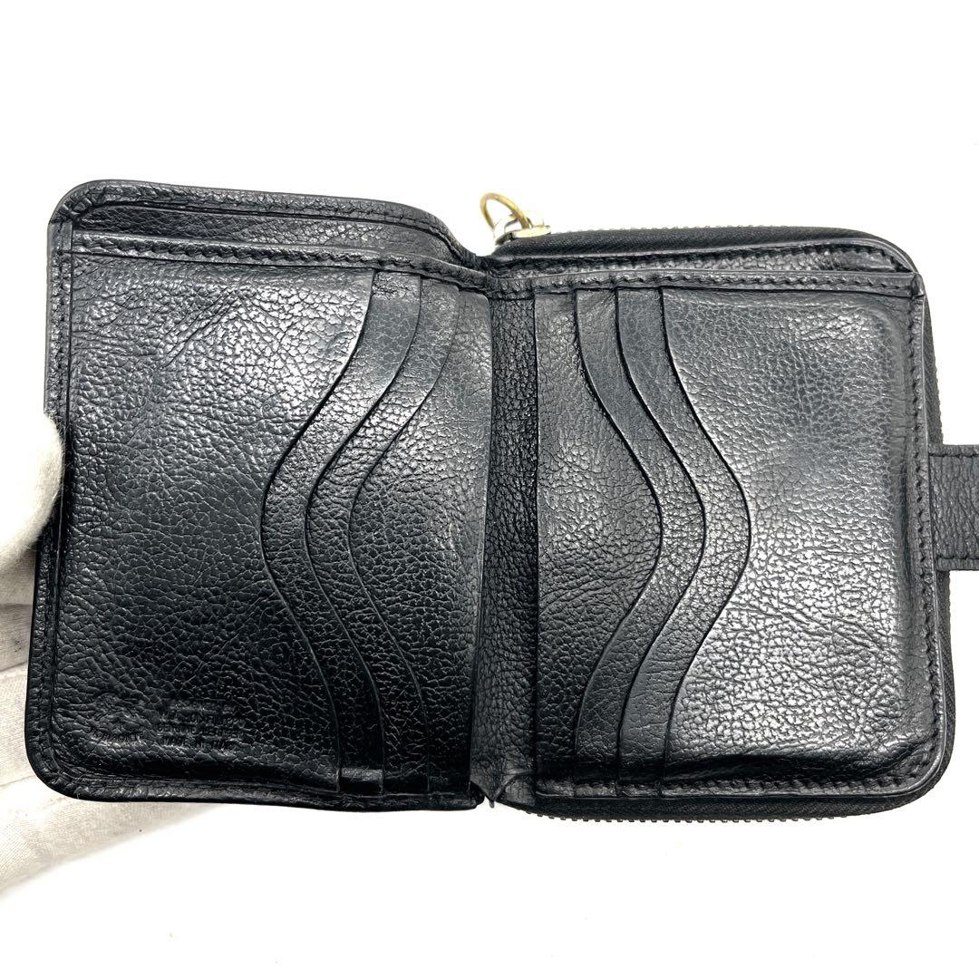 イルビゾンテ 二つ折り財布 ブラック レザー シボ 金ボタン ラウンドジップ