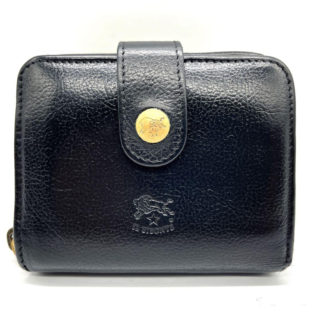 イルビゾンテ 二つ折り財布 ブラック レザー シボ 金ボタン ラウンドジップ