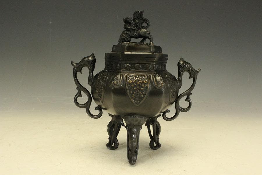 銅製 六角 象足 獅子蓋 香炉 未使用 共箱(LC790)