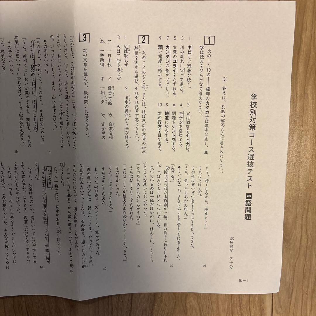 四谷大塚　学校別対策コース選抜テスト　問題用紙解答解説　早稲アカNNサピックス