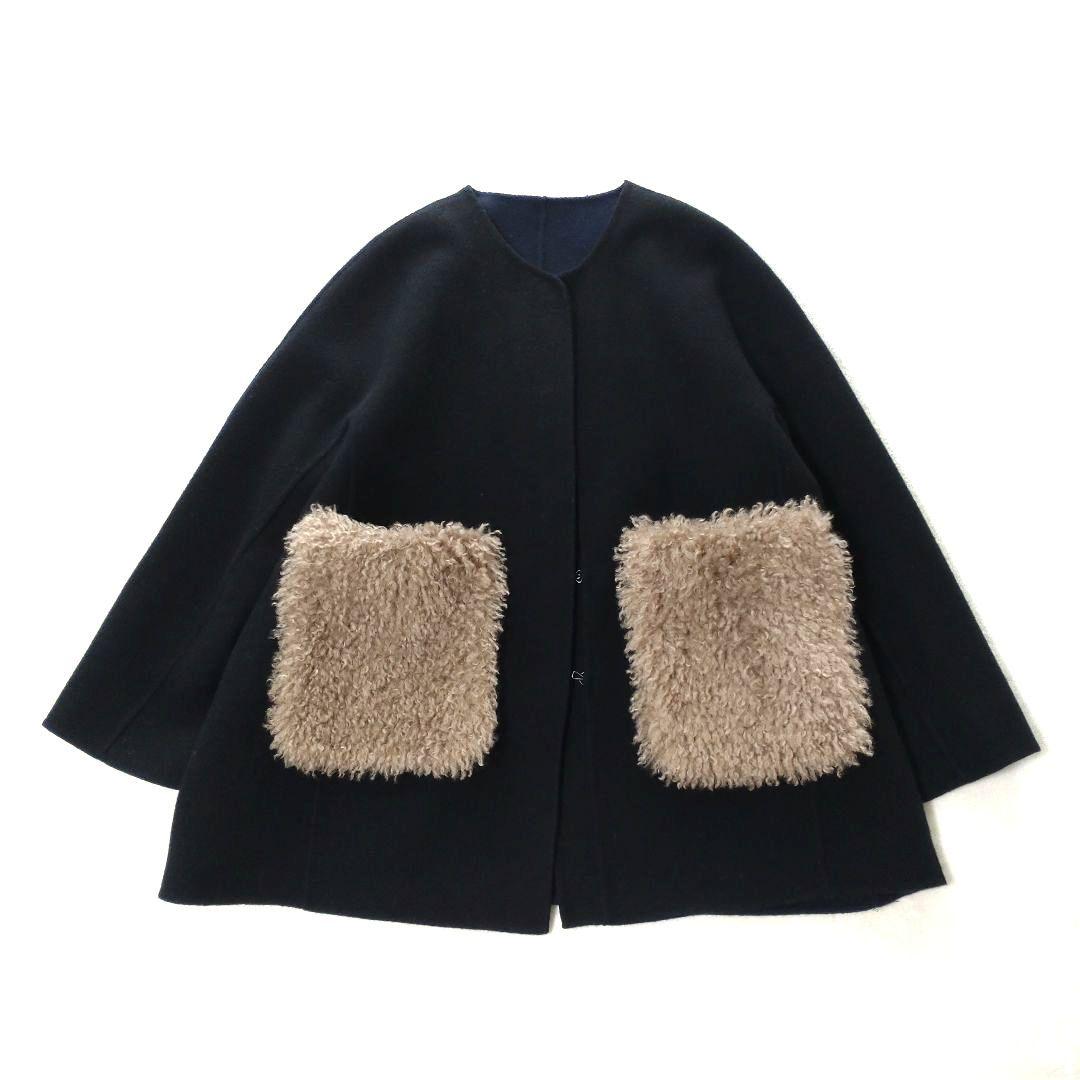 マーレンダム　ハーフリバーコート　ノーカラー　ウール　ボアポケット　黒　40