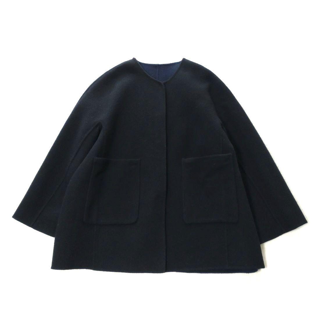 マーレンダム　ハーフリバーコート　ノーカラー　ウール　ボアポケット　黒　40