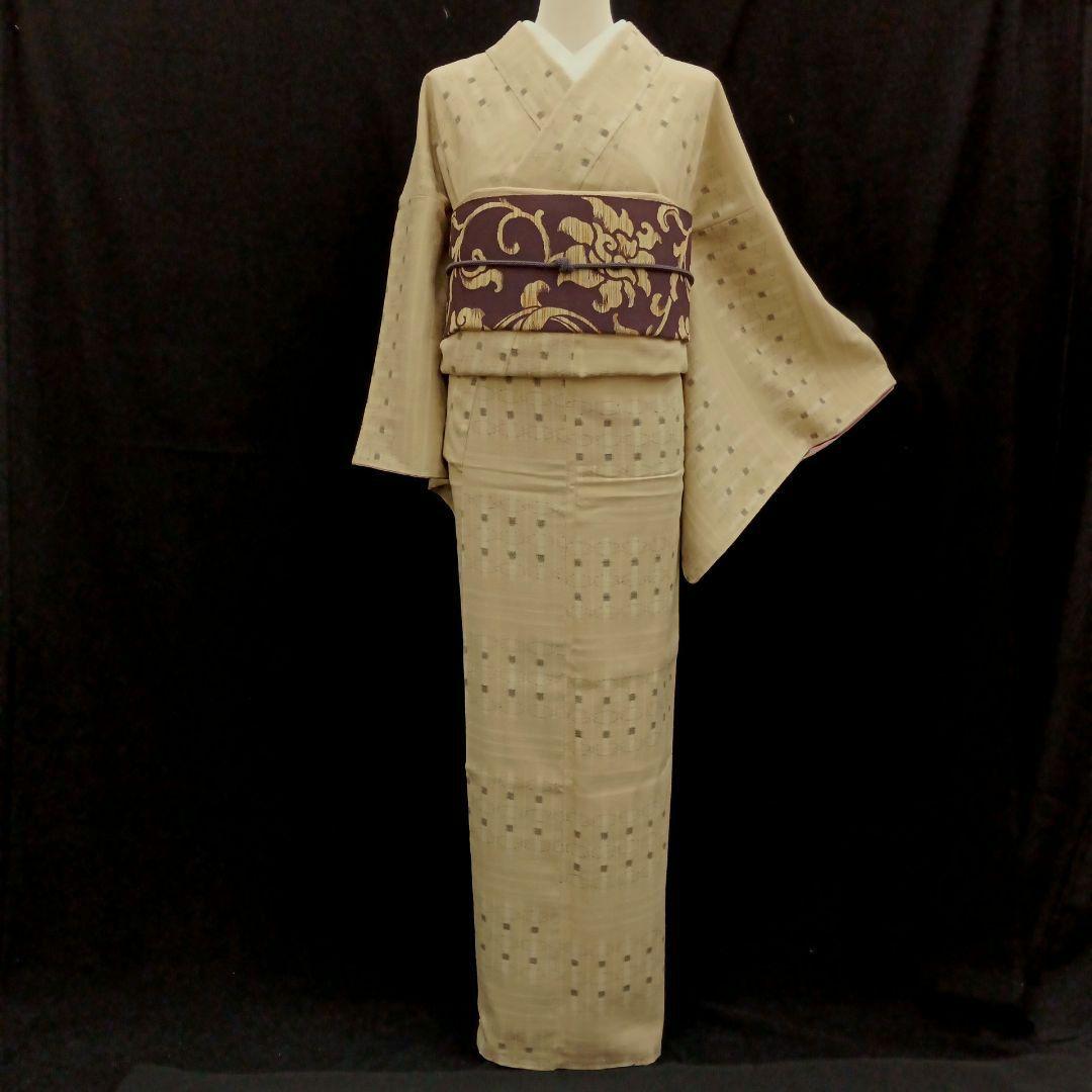 結城縮(袷)　(奥順(株)　はたおり娘　未使用　やまと誂製　ガード加工　榛色系)
