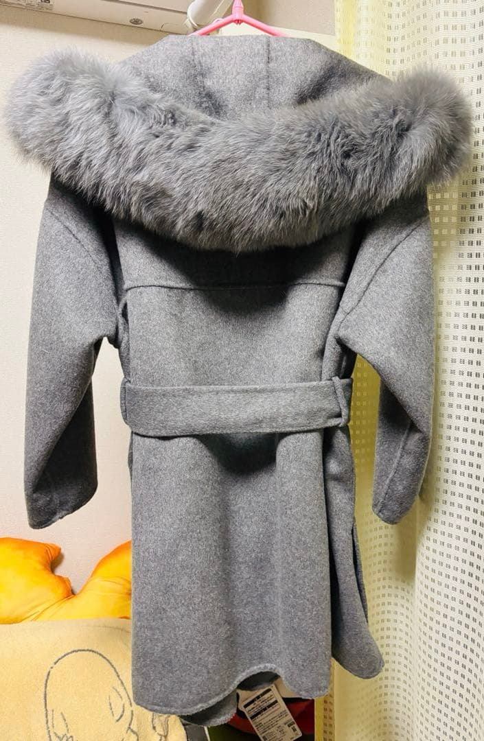 ストラップ&ファー付ウールフードハーフコート グレー