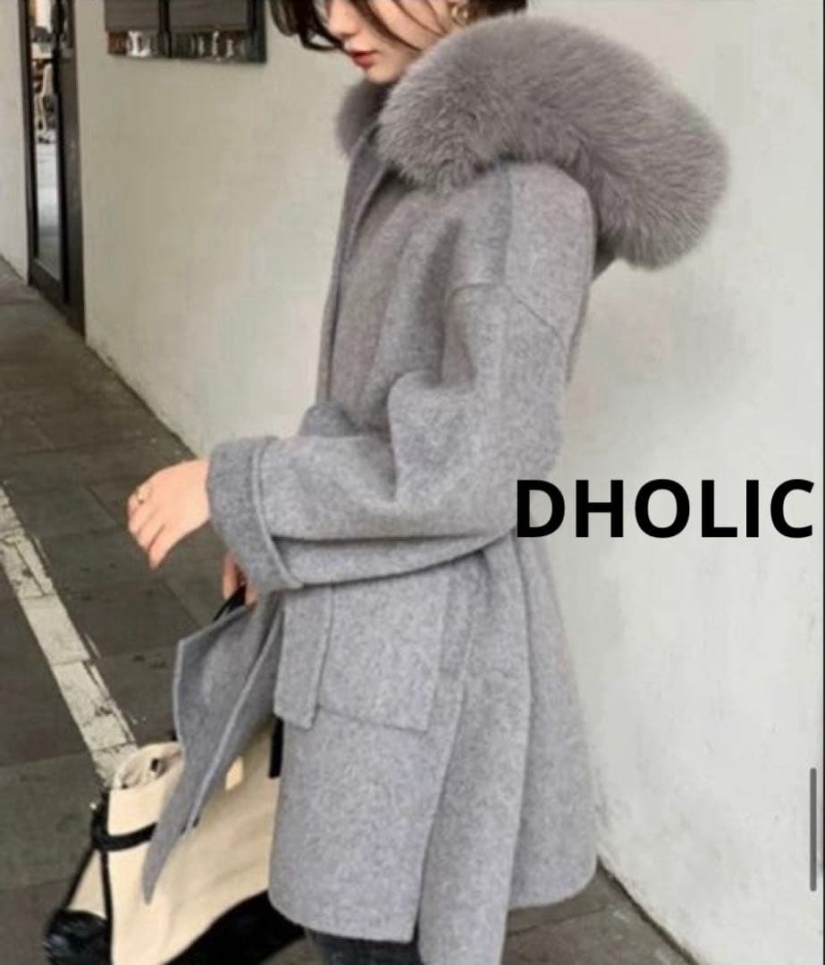 ストラップ&ファー付ウールフードハーフコート グレー