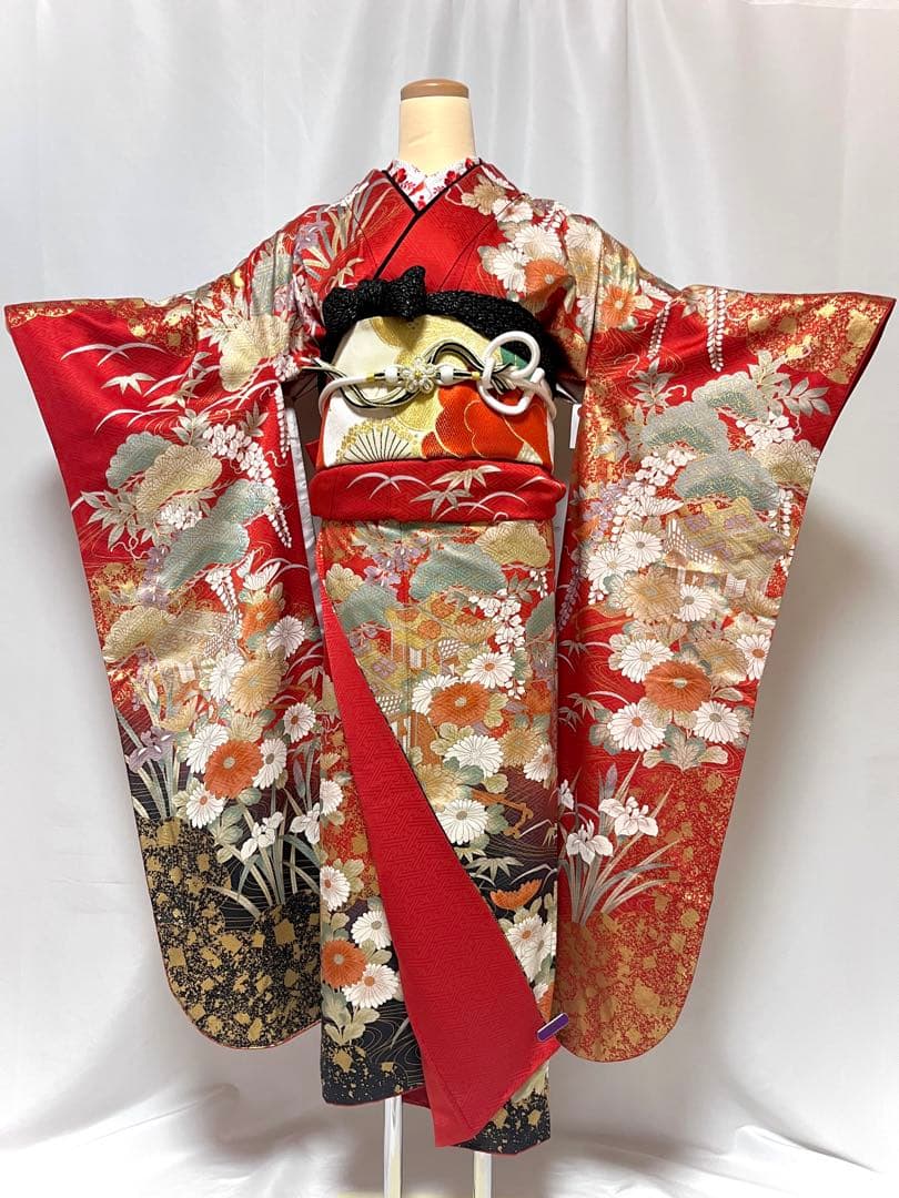 【美おり】FR52157 振袖 正絹 振袖フルセット 7点セット 成人式 赤✖️黒