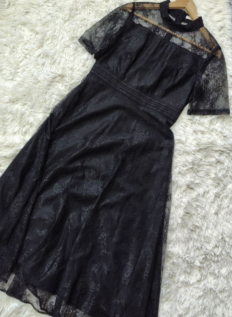 LEJA　ハイネック花柄レースウエストマーク透けロングドレスワンピース