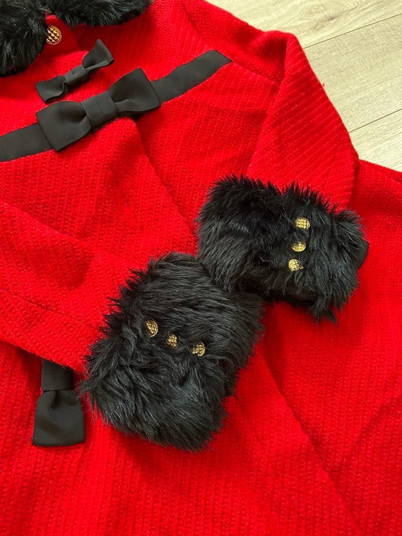 アンジェリックプリティ　赤 ファー付きリボンAラインコート　金ボタン　ロリータ