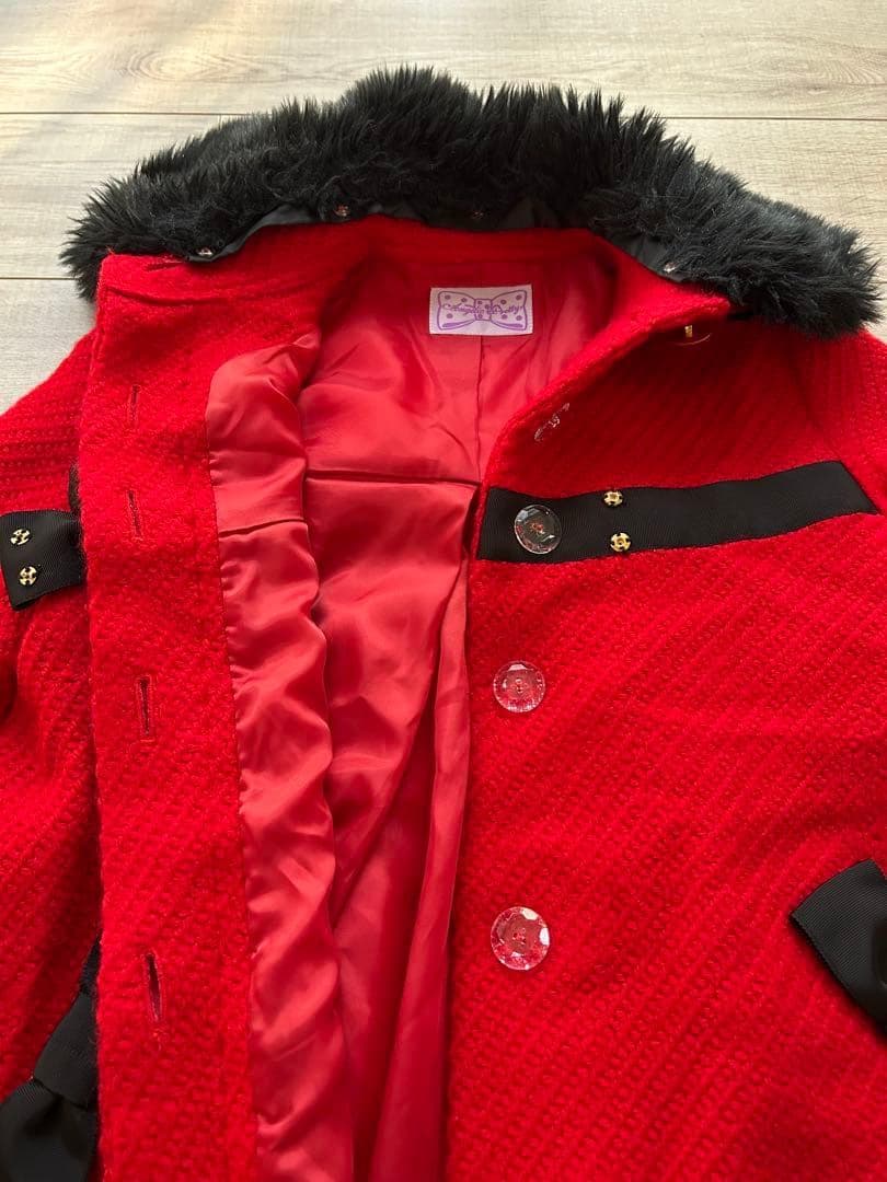 アンジェリックプリティ　赤 ファー付きリボンAラインコート　金ボタン　ロリータ