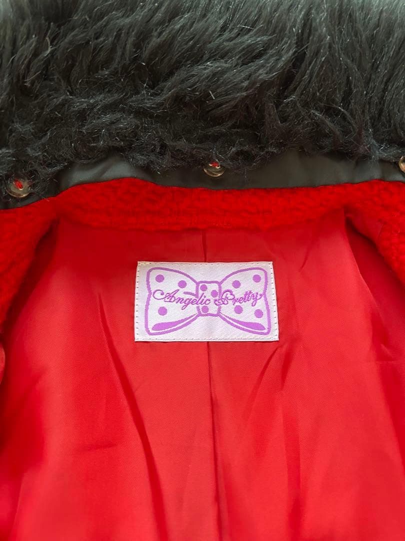 アンジェリックプリティ　赤 ファー付きリボンAラインコート　金ボタン　ロリータ