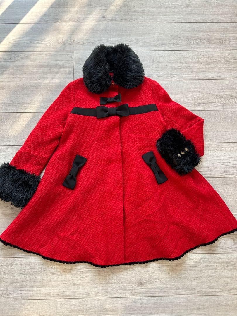 アンジェリックプリティ　赤 ファー付きリボンAラインコート　金ボタン　ロリータ