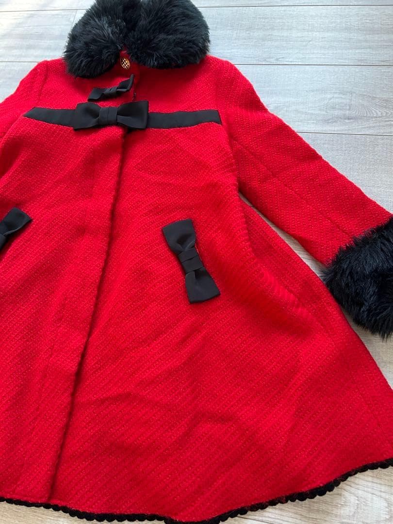 アンジェリックプリティ　赤 ファー付きリボンAラインコート　金ボタン　ロリータ