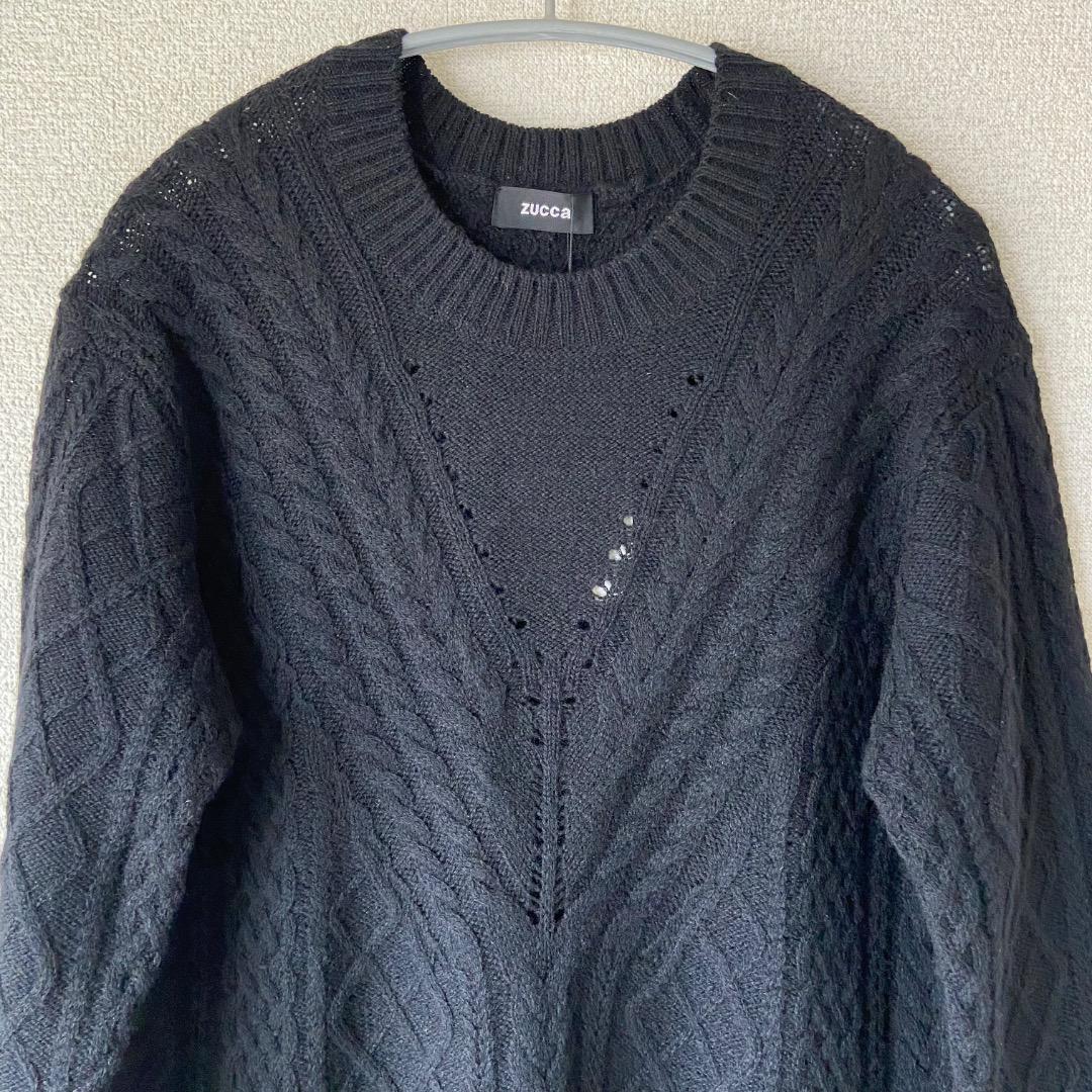 新品 zucca ズッカ ブラック ニットワンピース アランニット レース 黒