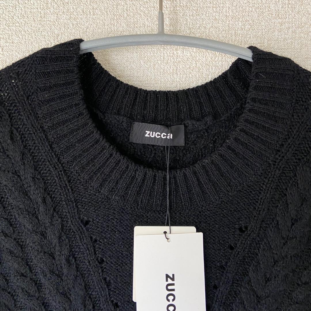 新品 zucca ズッカ ブラック ニットワンピース アランニット レース 黒